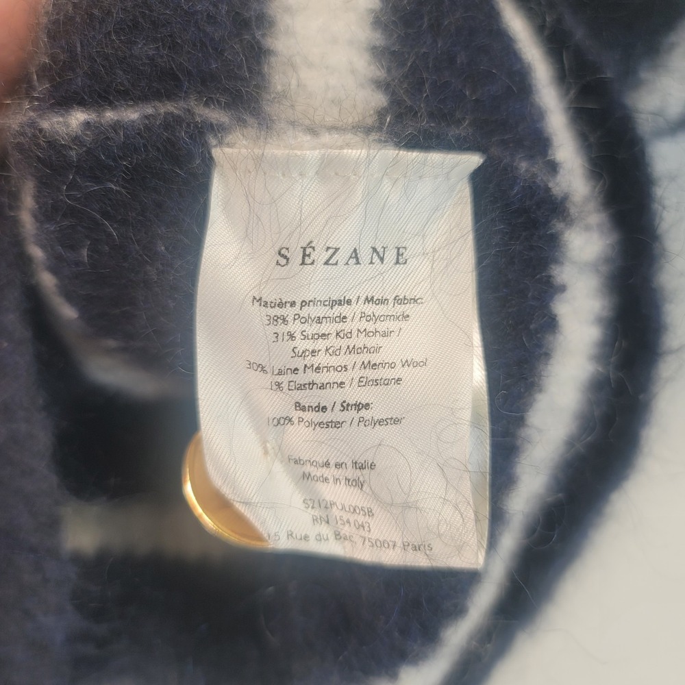 Sezane Trudy Jumper Womens M Navy Cream Striped Mohair Wool Sweater Buttons - Picture 5 of 6